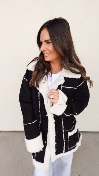 Sherpa-Lined Faux Suede Jacket - Black & Cream