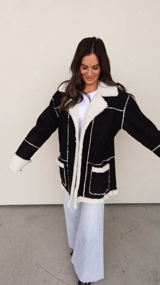 Sherpa-Lined Faux Suede Jacket - Black & Cream