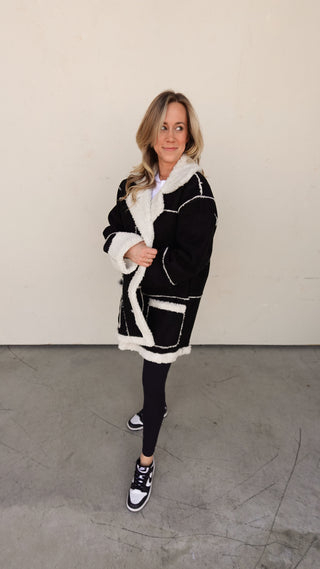 Sherpa-Lined Faux Suede Jacket - Black & Cream