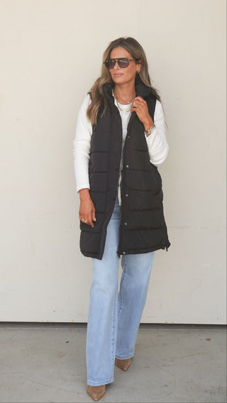 Black Fur-Lined Longline Puffer Vest