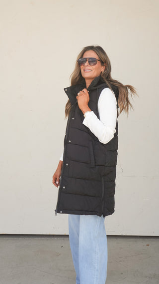 Black Fur-Lined Longline Puffer Vest