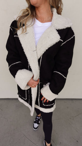 Sherpa-Lined Faux Suede Jacket - Black & Cream