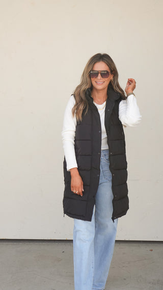 Black Fur-Lined Longline Puffer Vest