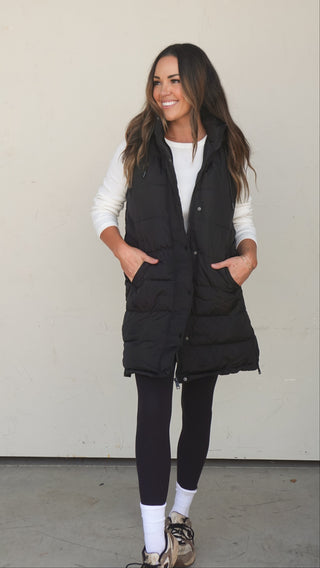 Black Fur-Lined Longline Puffer Vest