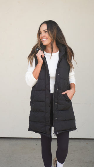 Black Fur-Lined Longline Puffer Vest