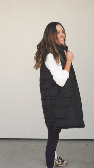 Black Fur-Lined Longline Puffer Vest