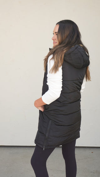 Black Fur-Lined Longline Puffer Vest