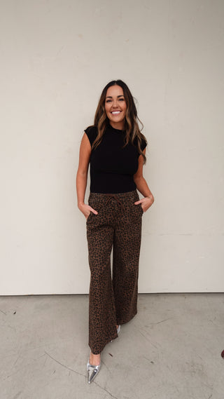 Elastic Waist Wide Leg Denim - Leopard