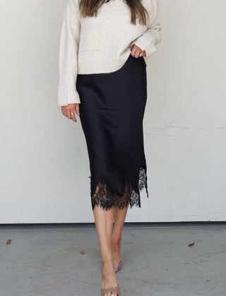 Black Lace-Lined Satin Midi Skirt