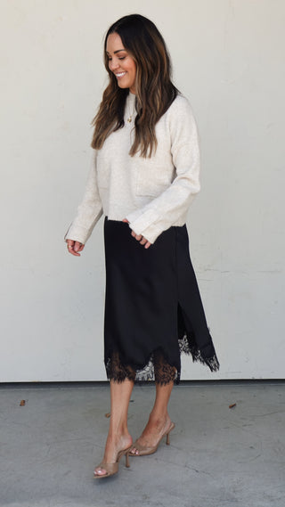 Black Lace-Lined Satin Midi Skirt