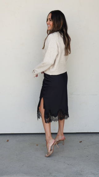 Black Lace-Lined Satin Midi Skirt