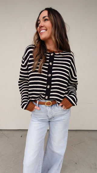 Contrast Stripe Cardigan - Black/Brown