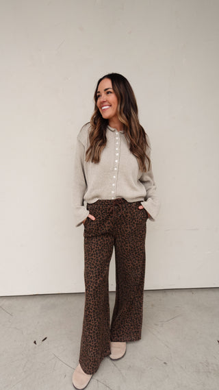 Elastic Waist Wide Leg Denim - Leopard