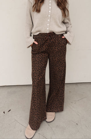 Elastic Waist Wide Leg Denim - Leopard