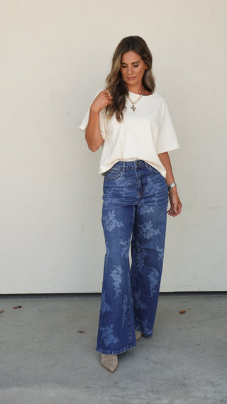 High Rise Floral Wide Leg Denim