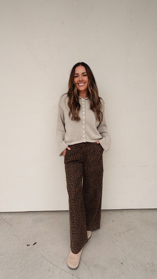 Elastic Waist Wide Leg Denim - Leopard