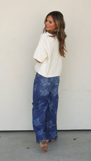 High Rise Floral Wide Leg Denim