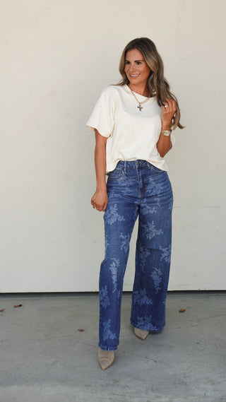 High Rise Floral Wide Leg Denim