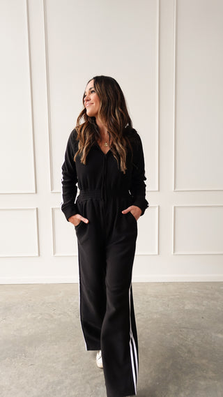 Black fleece lined hooded jumpsuit cozy loungewear