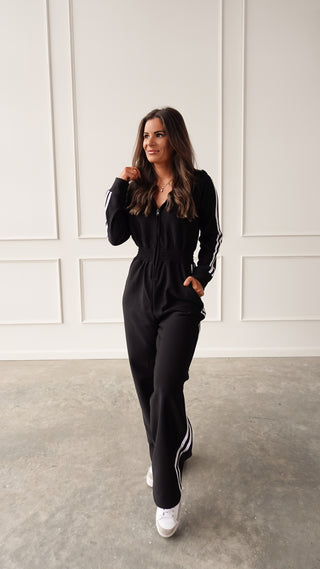 Black fleece lined hooded jumpsuit cozy loungewear