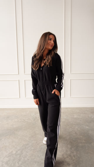 Black fleece lined hooded jumpsuit cozy loungewear