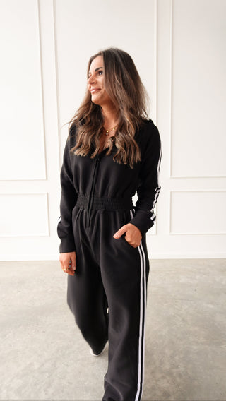 Black fleece lined hooded jumpsuit cozy loungewear