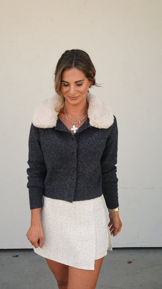 Charcoal Cardigan with Fur Collar
