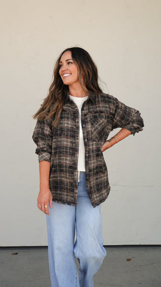 Brown Plaid Longline Flannel Shirt