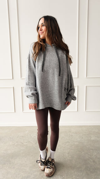 Gray oversized knit hoodie cozy relaxed fit sweater