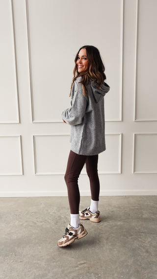 Gray oversized knit hoodie cozy relaxed fit sweater