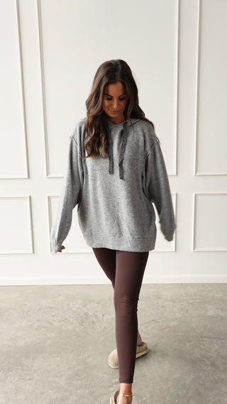 Gray oversized knit hoodie cozy relaxed fit sweater