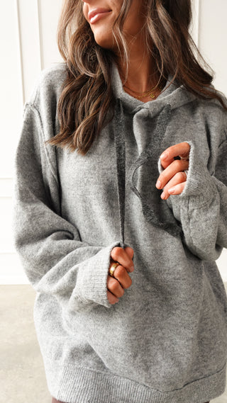 Gray oversized knit hoodie cozy relaxed fit sweater