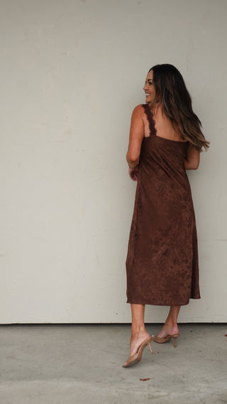 Brown Satin Floral Lace Dress
