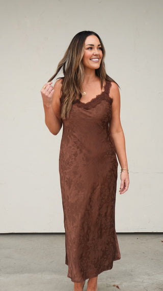 Brown Satin Floral Lace Dress