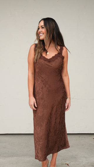 Brown Satin Floral Lace Dress