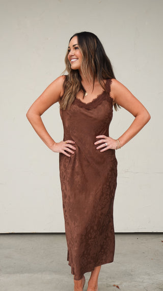 Brown Satin Floral Lace Dress