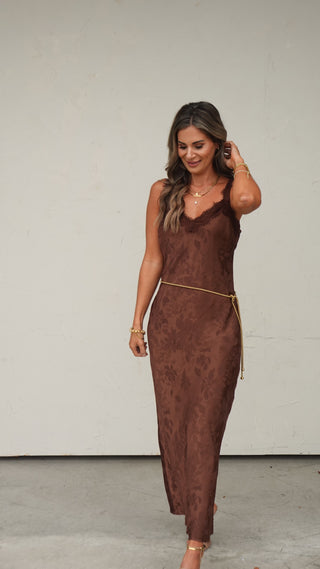 Brown Satin Floral Lace Dress