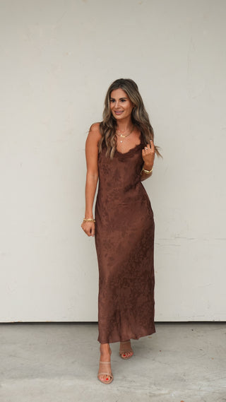 Brown Satin Floral Lace Dress