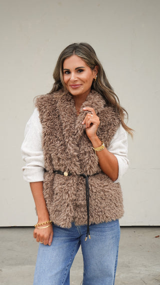 Mocha Belted Faux Fur Vest