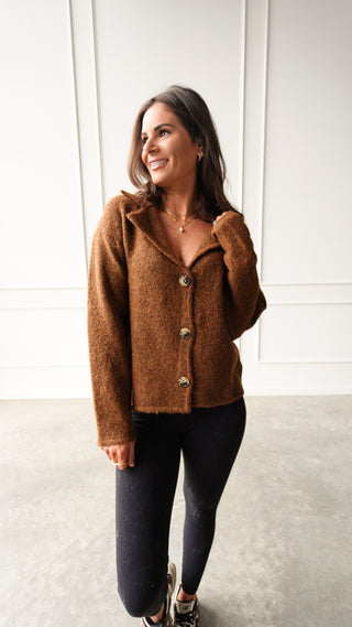Camel knit collared cardigan button front sweater
