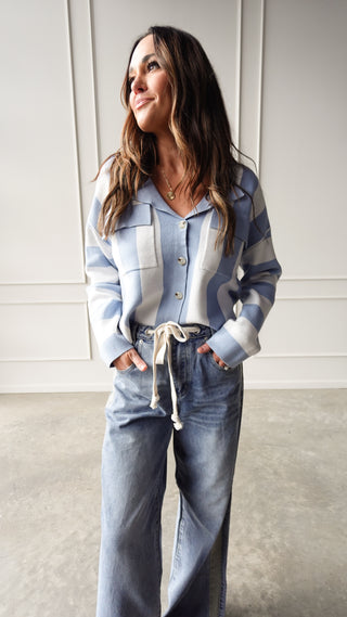 Blue striped collared cardigan button front knit sweater