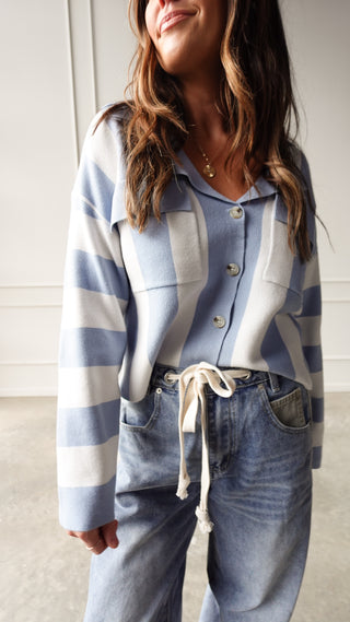 Blue striped collared cardigan button front knit sweater
