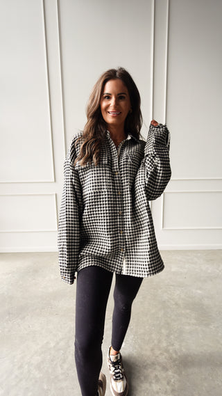 Patterned waffle textured oversized shacket button front