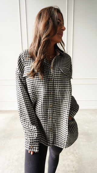 Patterned waffle textured oversized shacket button front
