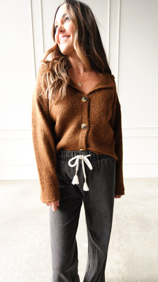 Camel knit collared cardigan button front sweater