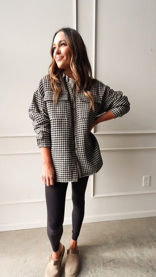 Patterned waffle textured oversized shacket button front