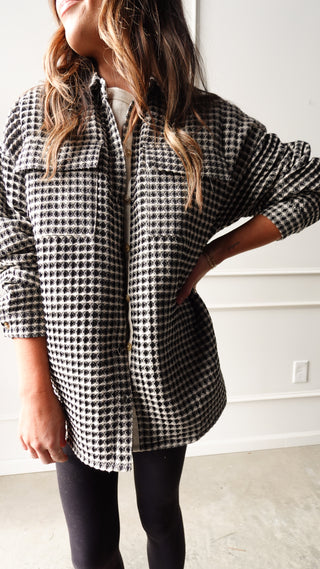 Patterned waffle textured oversized shacket button front
