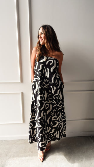 Black Patterned Strapless Dress