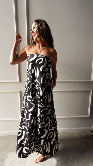 Black Patterned Strapless Dress
