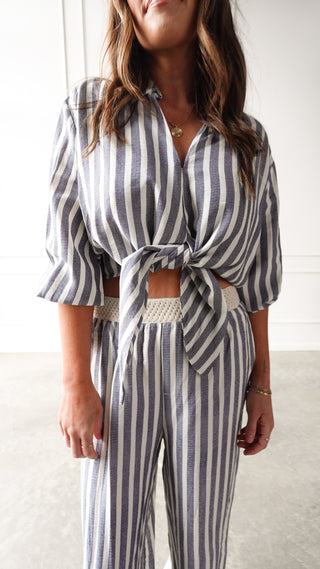 Chambray Striped Tie-Front Top